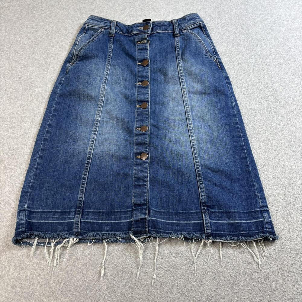 Lindex Skirt Women Small Blue Denim Button Front Raw Frayed Hem A-Line Boho Midi